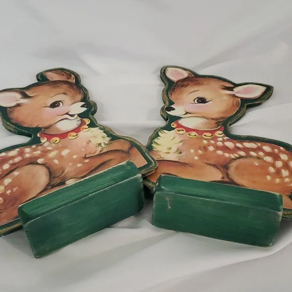 Vintage PostCard Cut-Out Christmas  Decor Left/Right Facing Wooden Fawn Charming - Picture 4 of 7
